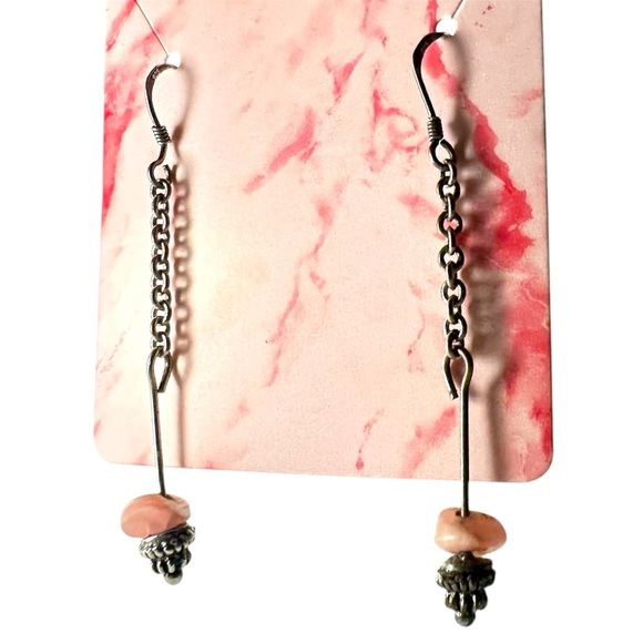 Pink Stone Dangle Earrings fishhook-style Wire 925 With Drop Chain & Debossing - Picture 1 of 5